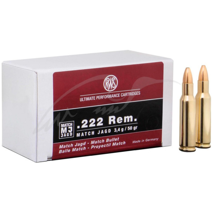 Патрон RWS кал. 222 Rem. Куля MJ маса 3,37 г/52 гран. Поч. швидкість 980 м/с.