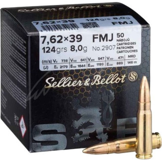 Патрон Sellier & Bellot кал. 7,62x39 куля FMJ маса 8,0 г/ 124 гр. Поч. швидкість 738 м / с.