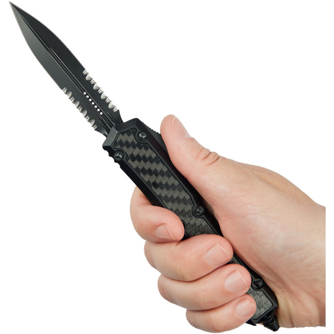 Ніж Microtech Makora Double Edge Black Blade Signature Series, полусерейтор  