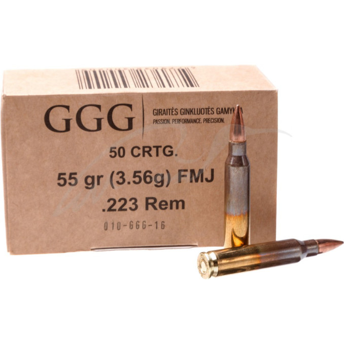 Патрон GGG кал .223 Rem (5.56/45) куля FMJ маса 3,56 г/ 55 гран. Поч. швидкість 1015 м/с