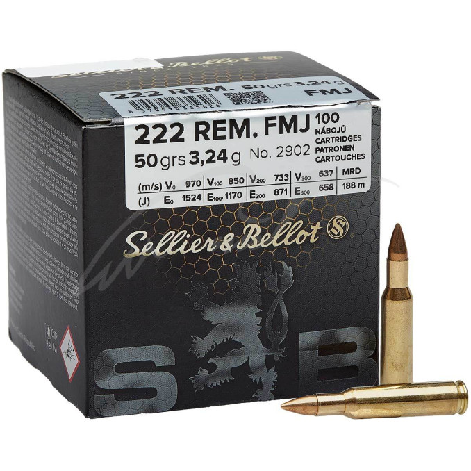 Патрон Sellier & Bellot кал. 222 Rem куля FMJ маса 3,24 грама/ 50 гран