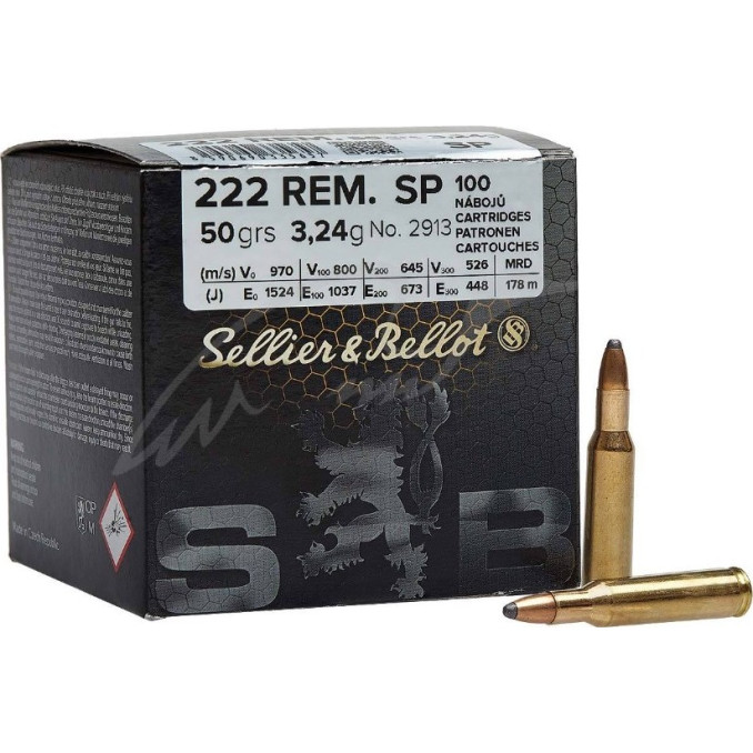 Патрон Sellier & Bellot кал. 222 Rem пуля SP масса 3,24 грамма/ 50 гран. Нач. скорость 970 м/с.