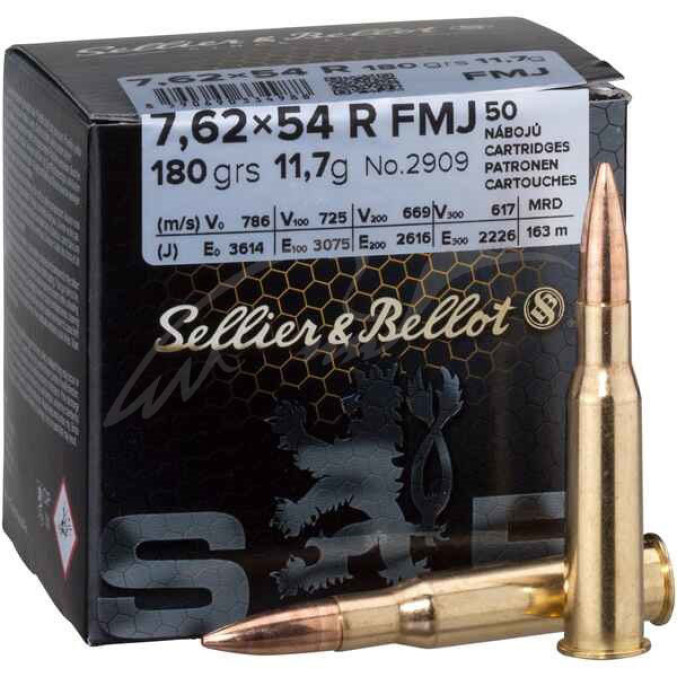 Патрон Sellier & Bellot кал. 7,62x54 R куля FMJ вага 11,66 г/ 180 гран. Поч. швидкість 786 м/сек.