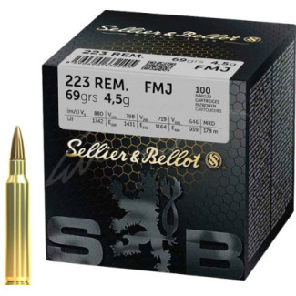 Патрон Sellier & Bellot кал. 223 Rem куля FMJ масса 4.5 грам/ 69 гран. Поч. швидкість 880 м/с